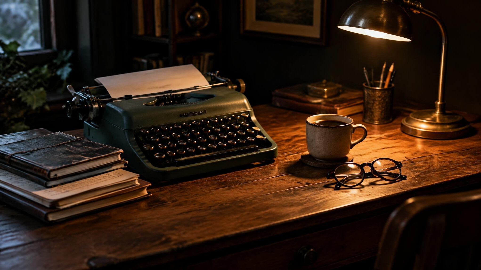 Vintage typewriter and notebooks on a wooden desk