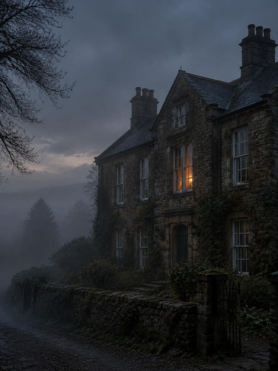 Old stone house shrouded in fog at dusk