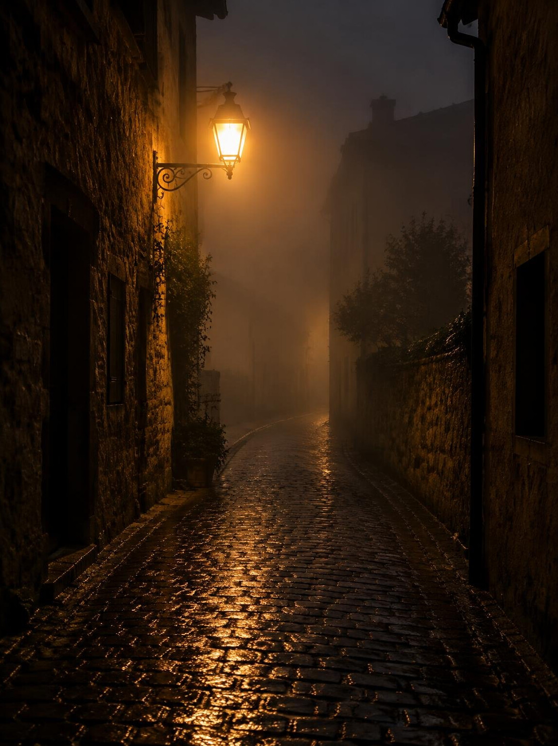 Dark foggy alley at night with a single streetlamp
