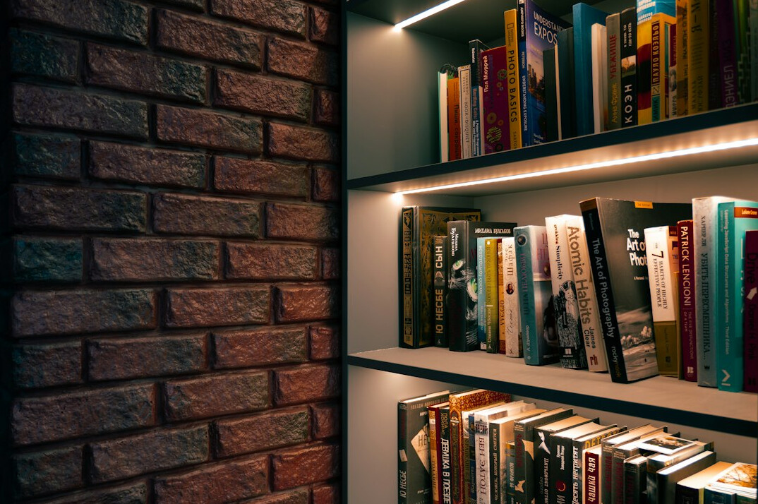 bookshelf with mystery novels